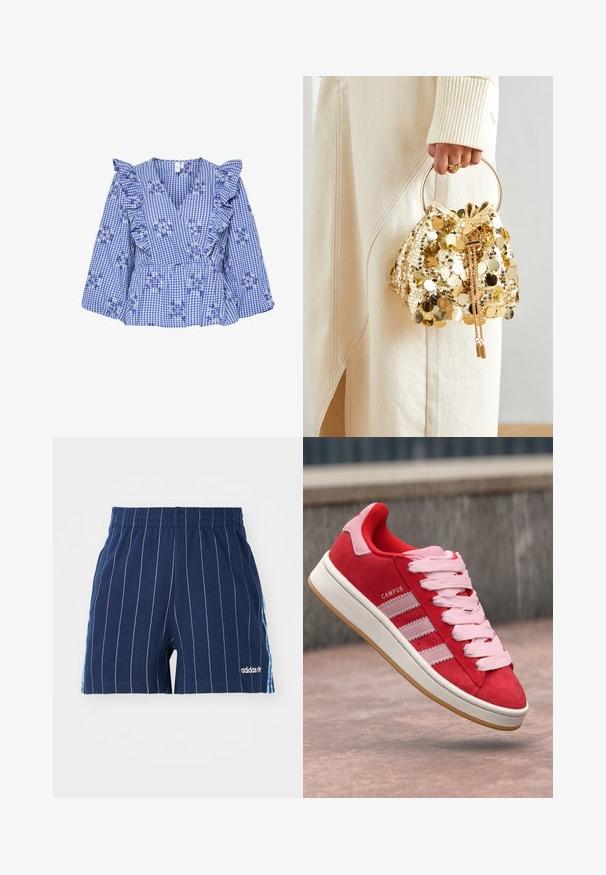 Blaue Karobluse mit Rüschensleeves, floraler Stickerei, V-Ausschnitt und peplum Taille. Baumwollstoff mit kariertem Muster.; Dunkelblaue Shorts mit weißen Streifen, elastischem Bund und Adidas-Logo. Mit blauen Akzenten an den Seiten, aus einem Baumwoll-Mischgewebe gefertigt.; Rote Wildleder-Sneaker mit pinken Akzenten, ausgestattet mit drei weißen Streifen und hellrosa Schnürsenkeln. Weiße Zwischensohle und braune Gummi-Außensohle.; Goldfarbene Drawstring-Handtasche mit einem runden Griff, verziert mit glänzenden runden Pailletten und einem strukturierten Stoff. Abmessungen sind nicht angegeben.