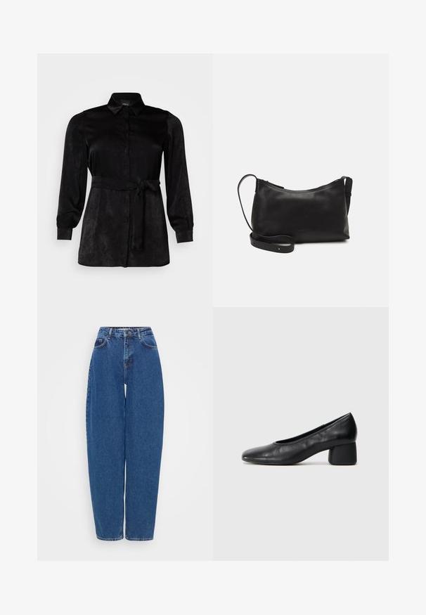 Svart langermet bluse laget av glatt stoff, med knappelukking foran, krage og en knytebelte i midjen for en figursydd silhuett.; Blå denim jeans med løs passform, høy midje og rett ben-design. Har tradisjonell søm og fem lommer.; Sorte lærpumps med rund tå og mellomstor blokkhæl. Glatt tekstur med minimalt med detaljer, og har en subtil elastisk åpning.; Svart skinn skulderveske med glatt tekstur, buet form, justerbar stropp og glidelås. Minimalistisk design uten dekorasjoner.