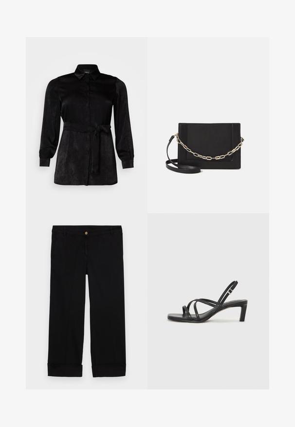 Black long-sleeve blouse made of smooth fabric, featuring a button-up front, collar, and a tied waist belt for a fitted silhouette.; Black cotton trousers with a straight-leg cut, featuring front pockets, a gold button closure, and rolled cuffs. Smooth texture.; Black strappy sandal with a square toe and a low block heel. Features multiple thin straps and an adjustable ankle strap. Made of smooth leather.; Black leather crossbody bag featuring a smooth texture, rectangular shape, and a metallic chain detail on the front. Adjustable strap included.