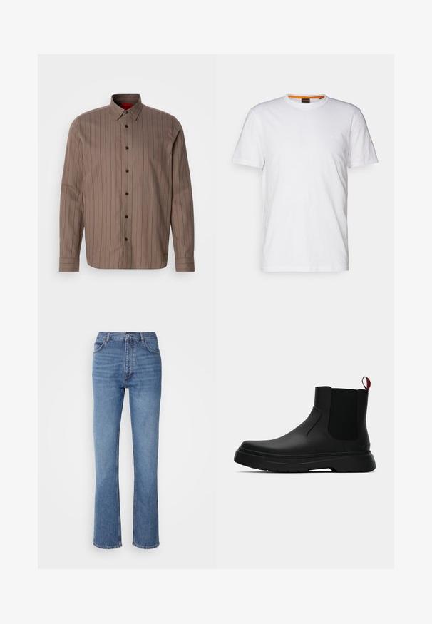 Barna gombos ing függőleges sötétvörös csíkokkal, pamut keverék anyagból, hegyes gallérral, hosszú ujjakkal és fekete gombokkal.; Fehér pamut póló kerek nyakkivágással, rövid ujjakkal, és finoman domborított logóval a mellkason. A belső címke narancssárga akcentussal rendelkezik.; Kék farmernadrág magas derékkal, egyenes szabású dizájnnal és enyhe kopással. Jellemzője az klasszikus öt zsebes kialakítás és cipzáras zárás.; Fekete bokacipő sima felülettel, ruganyos oldalsó panelek és kontrasztos piros húzópánt jellemzi, vastag gumitalppal és lekerekített orral.