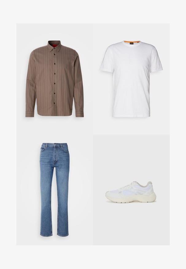 Hnedá košeľa na gombíky s vertikálnymi tmavočervenými pruhmi, z bavlnenej zmesi, s špicatým golierom, dlhými rukávmi a čiernymi gombíkmi.; Biely bavlnený tričko s okrúhlym výstrihom, krátkymi rukávmi a jemne embosovaným logom na hrudi. Vnútorná etiketa má oranžový akcent.; Modré denimové džínsy s vysokým pásom, rovnými nohavicami a jemným vyblednutím. Majú klasický strih s piatimi vreckami a zapínanie na zips.; Biele atletické topánky vyrobené z materiálov sieťoviny a semišu, s textúrovanou strednou podošvou, textúrovanými akcentmi a logom "HUGO" na boku.
