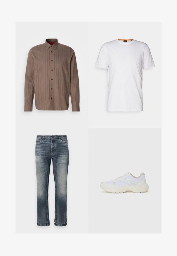 Camicia marrone con bottoni, a righe verticali rosso scuro, in tessuto misto cotone, colletto a punta, maniche lunghe e bottoni neri.; T-shirt bianco in cotone con collo rotondo, maniche corte e un logo a rilievo discreto sul petto. L'etichetta interna ha un accento arancione.; Jeans in denim blu con taglio dritto. Aree leggermente sbiadite, design classico a cinque tasche e chiusura con un singolo bottone in metallo in vita.; Scarpe da ginnastica bianche in mesh e suede, con una suola intermedia testurizzata, dettagli testurizzati e il logo "HUGO" sul lato.