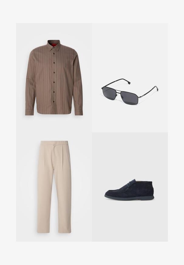 Camicia marrone con bottoni, a righe verticali rosso scuro, in tessuto misto cotone, colletto a punta, maniche lunghe e bottoni neri.; Pantaloni plissettati color beige realizzati in tessuto morbido. Presentano un elastico in vita, gambe dritte e una superficie liscia. Senza tasche né dettagli decorativi.; Stivaletto chukka in suede blu navy con punta arrotondata e dettagli cuciti. Presenta una suola in gomma liscia e un design minimalista senza marchi visibili.; Occhiali da sole neri con montatura rettangolare, lenti oscurate e bracci sottili in metallo. Presentano sottili accenti argentati sulla montatura.