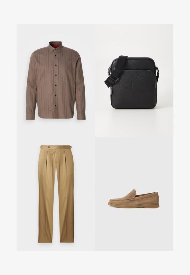 Ruskea nappipaita, jossa on pystysuorat tummanpunaiset raidat, puuvillasekoitekangas, viisto kaulus, pitkät hihat ja mustat napit.; Beiget suoralahkeiset housut, joissa on laskokset, napillinen suljenta ja vyölenkit. Sileä kangas ja siisti, räätälöity ilme.; Ruskeat mokka-kankaiset loaferit, joissa on sileä pinta ja ommeltu yksityiskohta; varustettu kumipohjalla pitävän otteen takaamiseksi.; Musta nahkainen olkalaukku, jossa on rakennepinta, edessä vetoketjulla varustettu tasku, säädettävä hihna ja metalliset yksityiskohdat.