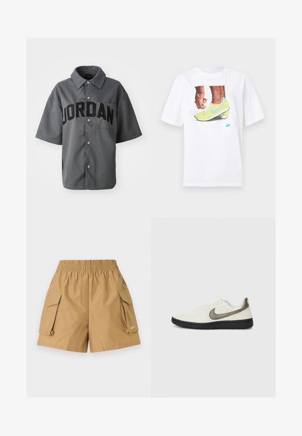 Grå kortermet skjorte med knappeåpning som har "JORDAN" i store sorte bokstaver på forsiden og en brystlomme. Glatt tekstur.; Hvit bomull t-skjorte med et grafisk motiv av føtter i gule Nike fotballsko med blå detaljer, kombinert med et armbånd på venstre håndledd.; Beige cargo shorts med elastisk midjebånd, to sidelommer og en liten hvit logo detalj. Laget av lett, teksturert stoff.; Nike Sportswear FIELD GENERAL - Joggesko - off-white/black