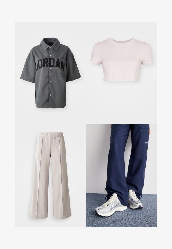 Grijze shirt met korte mouwen en knoopsluiting, met "JORDAN" in grote zwarte letters op de voorkant en een borstzak. Gladde textuur.; Geknipte T-shirt in lichtroze, gemaakt van zachte stof. Heeft een ronde hals en korte mouwen met een klein wit Nike-logo op de borst.; Lichtgrijze wijde broek van glad materiaal. Voorzien van een elastische tailleband en een zwart Nike-logo aan de linkerkant.; Nike hardloopschoenen met een zilveren mesh bovenkant, witte accenten en structuurzolen, gecombineerd met luchtige navy broeken.