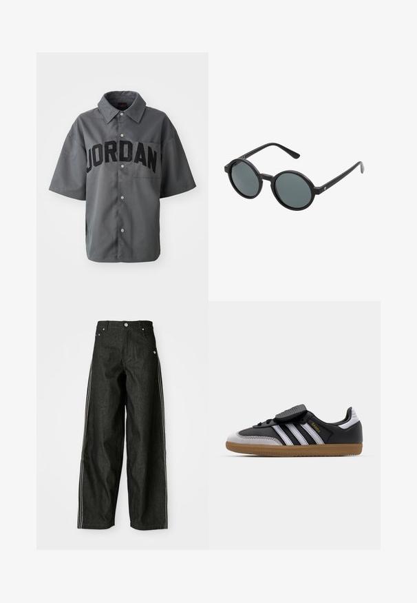 Harmaa lyhythihainen paita napp closurella, jossa on "JORDAN" suurilla mustilla kirjaimilla etupuolella ja rintatasku. Sileä pinta.; Mustat farkkukankaiset leveälahkeiset housut, joissa on valkoiset sivusuunnat, etutaskut, napitettava vetoketju ja huomaamaton logo vyötärön kohdalla.; Musta nahkakengät ja harmaa mokkasiini valkoisilla raidoilla, kuminen pohja, nauhakiinnitys edessä ja tarranauha. Varustettu kultaisella "Samba" -brändäyksellä.; Pyöreät aurinkolasit, joissa on musta muovikehys ja tummanharmaat linssit. Varusteena ohuet, suorat sanganäytteet minimalistisilla yksityiskohdilla.
