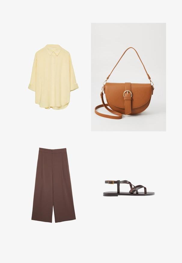Chemise jaune pâle à manches longues, en tissu doux. Elle présente un col classique, des manches à rouleaux et une coupe décontractée avec un ourlet incurvé.; Pantalons larges marron avec une texture lisse, dotés d'une taille haute et de plis à l'avant. Le tissu est léger et tombe de manière fluide.; Sandale en cuir marron avec des brides entrecroisées, une fermeture à boucle à la cheville et une semelle plate avec des détails de couture minimaux.; Sac bandoulière en cuir marron avec une forme incurvée, quincaillerie dorée et un accent en boucle. Comprend une bandoulière détachable.