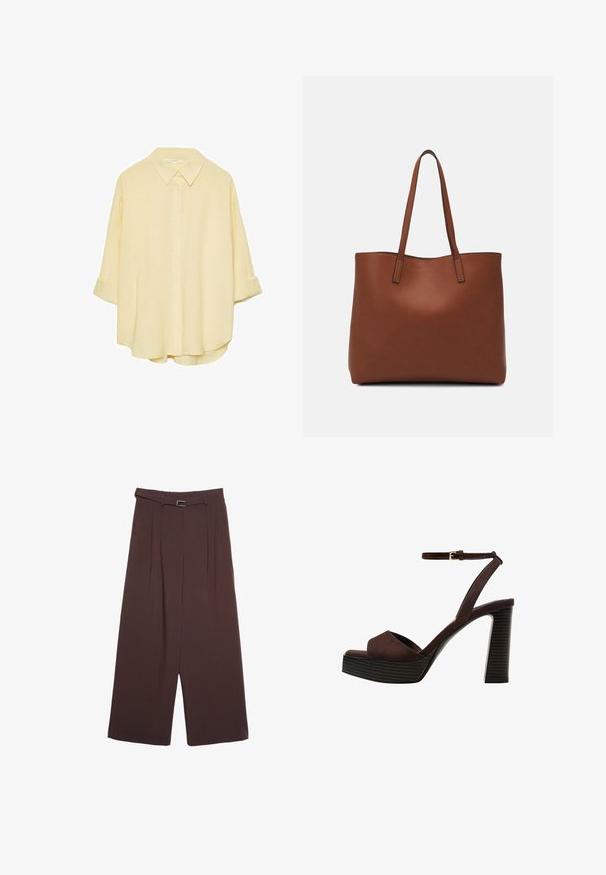 Helles gelbes, knöpfbares Hemd aus weichem Stoff. Verfügt über einen klassischen Kragen, aufgerollte Ärmel und eine lockere Passform mit abgerundetem Saum.; Stradivarius WIDE-LEG WITH BUCKLE DETAIL - Stoffhose - dark brown; Braune Wildleder-Pumps mit offenem Zeh, verstellbarem Knöchelriemen und gestreiftem Plateausohlen.; Braune Leder-Tote mit glatter Textur, offenem Oberteil und zwei Schulterriemen. Verfügt über minimale Nähte und keine sichtbaren Beschläge.