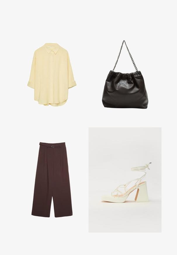 Helles gelbes, knöpfbares Hemd aus weichem Stoff. Verfügt über einen klassischen Kragen, aufgerollte Ärmel und eine lockere Passform mit abgerundetem Saum.; Stradivarius WIDE-LEG WITH BUCKLE DETAIL - Stoffhose - dark brown; Weiße High-Heel-Sandale mit einem klobigen Absatz, die über ein Riemchendesign und ein Knöchelband verfügt. Glatte Textur mit einer Plattform vorne für zusätzliche Höhe.; Braune Lederhandtasche mit gerafftem Oberteil und Kettenriemen. Glatte Textur mit glänzendem Finish und subtilen Nahtdetails an den Seiten.