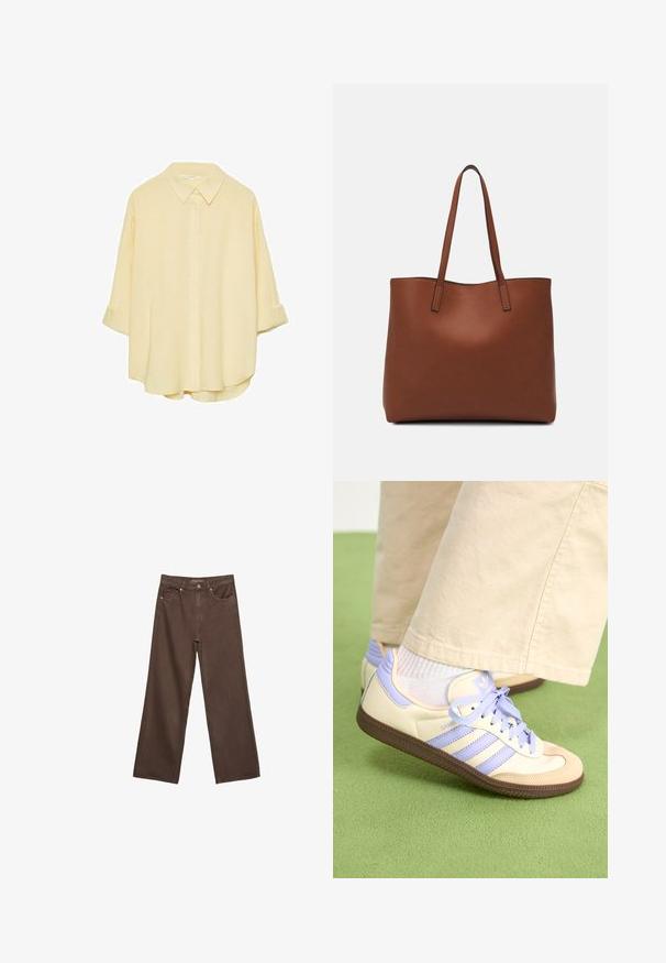 Helles gelbes, knöpfbares Hemd aus weichem Stoff. Verfügt über einen klassischen Kragen, aufgerollte Ärmel und eine lockere Passform mit abgerundetem Saum.; Weite braune Jeans aus Denim, mit hoher Taille, Fronttaschen und klassischem Knopfverschluss. Glatte Textur mit feinen Nähten.; Cremefarbene und lavendelfarbene Sneakers mit drei Streifen und einer strukturierten braunen Sohle, ausgestattet mit Schnürsenkeln und einer gepolsterten Ferse. Obermaterial aus weichem Stoff.; Braune Leder-Tote mit glatter Textur, offenem Oberteil und zwei Schulterriemen. Verfügt über minimale Nähte und keine sichtbaren Beschläge.