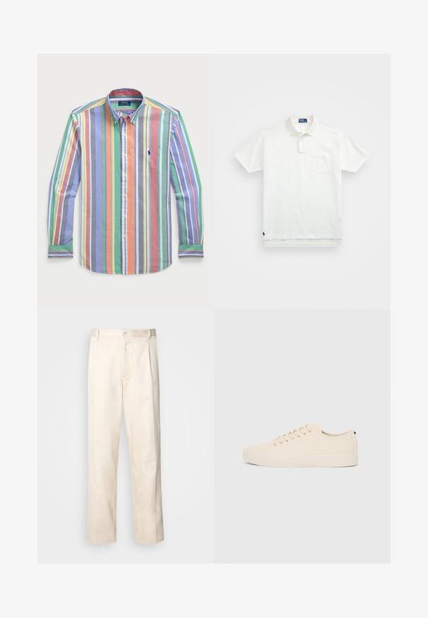 Πολύχρωμο πουκάμισο με ρίγες, στυλ button-up, με διάφορες πλάτους ρίγες σε αποχρώσεις του μπλε, πράσινου, πορτοκαλιού και κίτρινου. Περιλαμβάνει ένα μικρό λογότυπο.; Λευκή πόλο μπλούζα από βαμβάκι, με κλασικό γιακά, τριπλή κουμπιέρα και τσέπη στο αριστερό στήθος; μικρό λογότυπο στο μανίκι.; Μπεζ βαμβακερό παντελόνι με ίσια γραμμή, διαθέτει κουμπί κλεισίματος και πτυχές στο μπροστινό μέρος για επιπλέον λεπτομέρεια.; Μπεζ καμβάς αθλητικά παπούτσια με στρογγυλή μύτη, επίπεδη λαστιχένια σόλα και κορδόνια. Διαθέτουν ελάχιστο σχέδιο και μαύρη αντίθεση στο τακούνι.