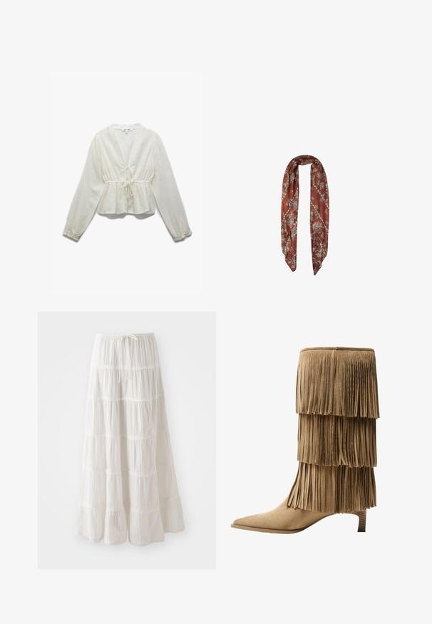 Weiße Peplum-Bluse aus strukturiertem Stoff. Merkmale: tiefes V-Ausschnitt, lange Ärmel und eine Bindedetail in der Taille.; Weißer, gestufter Maxirock aus leichtem Stoff. Verfügt über einen elastischen Bund mit Kordelzug und Rüschendetail am Saum.; Fransen-Stiefelette aus taupefarbenem Wildleder mit drei Lagen Fransen. Spitz zulaufende Zehenpartie und ein niedriger Blockabsatz. Durchgehend glatte Oberfläche.; Brauner, blumenmusterverzierter Schal aus weichem Stoff; zeigt hellfarbige botanische Designs auf einem karierten Hintergrund.; Braune Wildleder-Handtasche mit langen Fransen, einer geschwungenen Form und einem einzelnen Schultergurt. Verfügt über eine glatte, strukturierte Oberfläche.