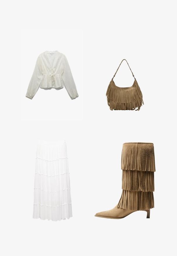 Weiße Peplum-Bluse aus strukturiertem Stoff. Merkmale: tiefes V-Ausschnitt, lange Ärmel und eine Bindedetail in der Taille.; Weiße, gestufte Rock aus leichtem Stoff, mit einem dehnbaren Bund, Rüschenschichten und einem fließenden Design, das bis zur Mitte der Wade reicht.; Fransen-Stiefelette aus taupefarbenem Wildleder mit drei Lagen Fransen. Spitz zulaufende Zehenpartie und ein niedriger Blockabsatz. Durchgehend glatte Oberfläche.; Braune Wildleder-Handtasche mit langen Fransen, einer geschwungenen Form und einem einzelnen Schultergurt. Verfügt über eine glatte, strukturierte Oberfläche.; Goldmesh-Choker-Halskette mit flachem, flexiblem Design. Verfügt über eine Kettenverlängerung für anpassbare Länge. Glatte Textur, minimalistischer Look.