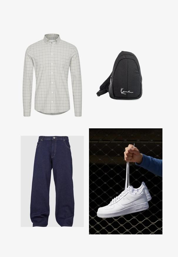 Chemise blanche à manches longues avec un motif à carreaux gris clair et gris foncé, dotée d'un col classique.; Jean en denim bleu foncé avec une coupe décontractée, dotés d'une fermeture à boutons, de cinq poches et de coutures contrastantes le long des coutures.; Baskets en cuir blanc avec perforations, à bout rond, semelle plate et lacets épais, arborant un logo swoosh visible et "AIR" sur le talon.; Sac à dos en toile noire avec une texture lisse, arborant un design courbé, un compartiment zippé et un logo blanc sur le devant.