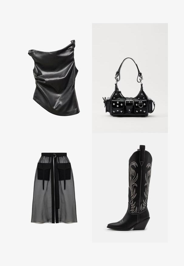 Mango MILLY - Blouse - black; Black sheer skirt with a gathered waistband, featuring two large front pockets, a waist tie, and a circular metal accent.; Black leather cowboy boots with pointed toes, wedge heels, and silver embroidered floral patterns along the shaft. Contrast stitching throughout.; Black leather handbag with a curved design, featuring silver studs, a buckle, and two side pockets. Adjustable strap for carrying options.