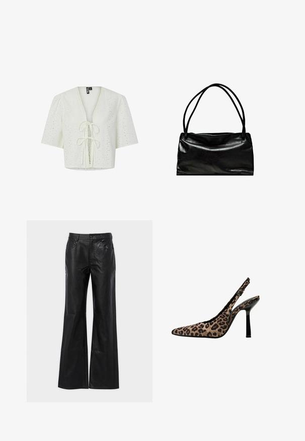 Bílá zkrácená blůza s nabíranými rukávy, vzorem s očky, hlubokým véčkovým výstřihem a s šňůrkovým zapínáním vpředu s vykrojenými okraji.; Černé kožené rozšířené kalhoty s hladkou texturou, kovovým zapínáním a předními kapsami. Mají vysoký pas a upravený siluetu.; Lodičky na podpatku se zvířecím potiskem leopardí kůže, s špičatou špičkou, černými lesklými akcenty, tenkým vysokým podpatkem a nastavitelným páskem se sponou. Syntetický materiál.; Černá kožená taška s hladkým povrchem, obdélníkovým tvarem a dvěma dlouhými uchy. Jednoduchý design bez viditelného hardwaru nebo ozdob.