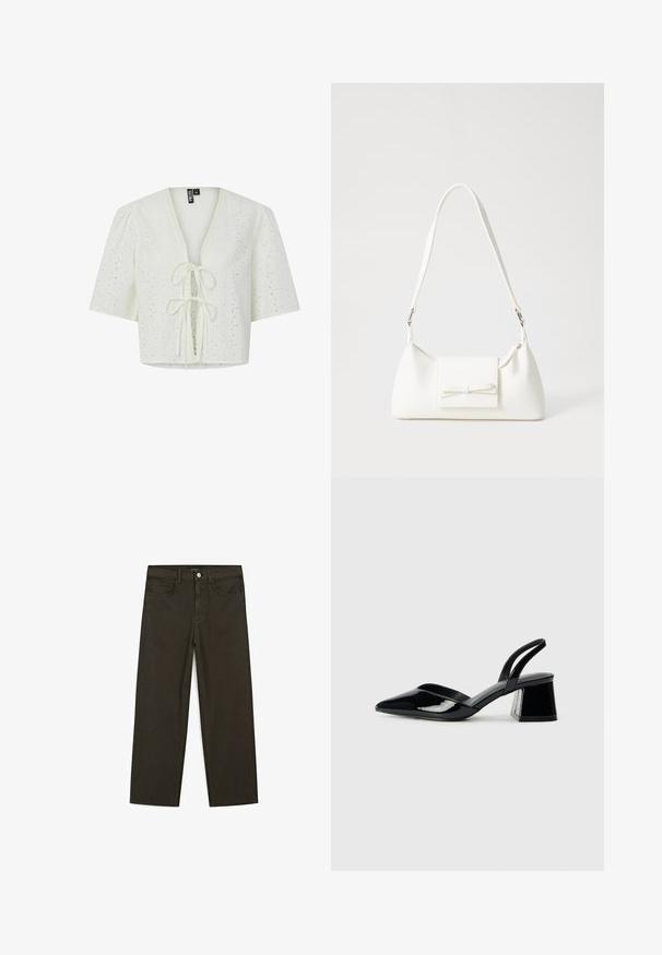 White cropped blouse featuring puff sleeves, eyelet pattern, deep V-neck, and a tie closure at the front with scalloped edging.; Dark green wide-leg jeans made of cotton blend, featuring a front button closure, five pockets, and classic denim stitching.; Black patent leather slingback heels with a pointed toe and a geometric block heel. Features a sleek, minimal design and smooth texture.; White synthetic handbag with a triangular shape, flat front flap and bow detail, adjustable strap, smooth texture, and minimalistic design.