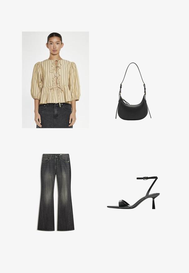 Glamorous TIE FRONT - Blouse - beige brown stripe; Uitlopende spijkerbroek van donker denim met een lichte vervaging, vijf zakken en contraststiksels, voorzien van een standaard knoop- en ritssluiting.; Bershka Sandalen met hoge hak - black; Zwarte leren schoudertas met een gebogen vorm, verstelbare schouderband, gouden hardware accenten en een gladde textuur.