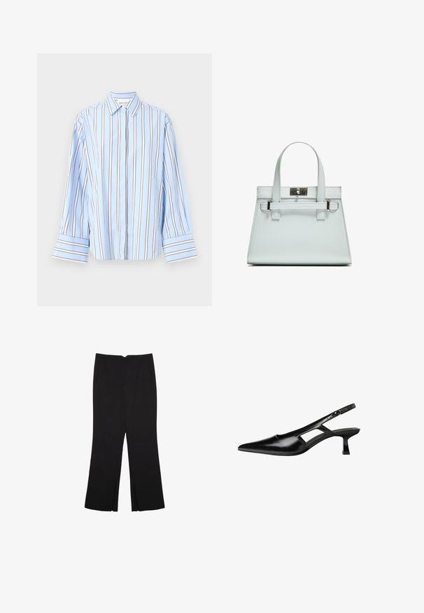 Malina CLASSIC - Camicia - blue; Pantaloni neri a gamba dritta, con tasche frontali e spacchi laterali all'orlo. Realizzati in tessuto morbido e liscio. Adatti a diverse occasioni.; Tacchi slingback in pelle verniciata nera con punta affusolata, design con tagli laterali e tacco quadrato piccolo. Texture liscia con dettagli minimi.; Borsa a mano azzurro chiaro con design strutturato, due manici e chiusura in metallo tono argento. Materiale testurizzato e angoli acuti.