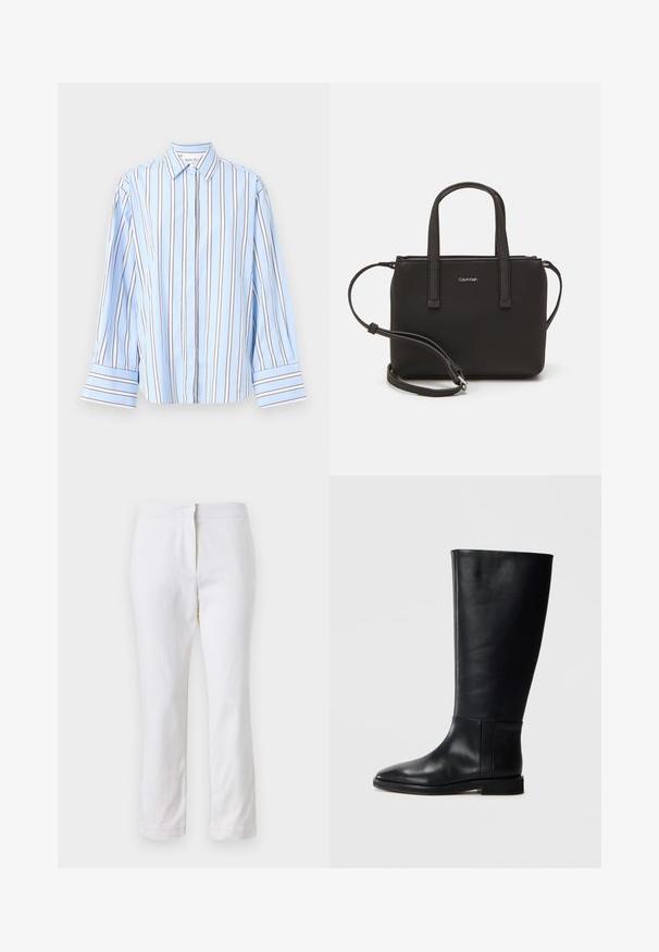 Malina CLASSIC - Camicia - blue; Pantaloni bianchi in cotone con design a gamba dritta, caratterizzati da una vita a media altezza e senza hardware o motivi visibili. Tessuto liscio su tutta la superficie.; Stivale in pelle nera al ginocchio con punta arrotondata, texture liscia, design minimalista e suola piatta. Dettagli di cucitura semplici sulla gamba.; Borsa nera con doppi manici corti e tracolla removibile. Materiale simile alla pelle liscia con chiusura a zip e dettaglio del logo.