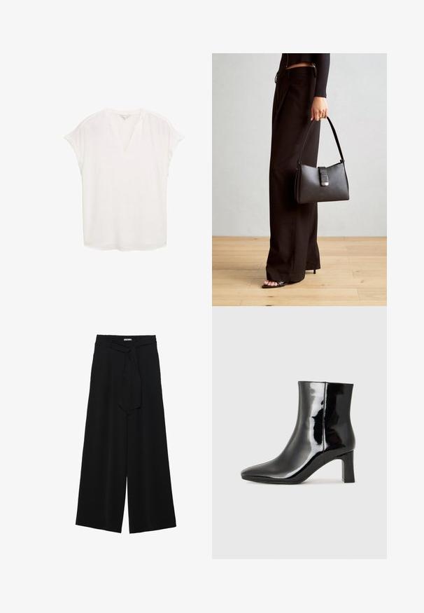 Fehér blúz V-nyakkal és rövid, felvágott ujjakkal. Könnyű anyagból készült, laza szabású és egyenes aljú. Nincs rajta minta vagy díszítés.; Fekete, bő szárú nadrág, texturált anyagból, rugalmas derékpánttal és levehető sállal a derekán, amely állítható illeszkedést biztosít.; Fekete lakk bőrcipő bokáig érő, hegyes orral és közepes magasságú tömbsarokkal. Simább textúrával és minimalista dizájnnal rendelkezik.; Fekete kézi táska strukturált formával, sima textúrával és fémből készült záródással. Széles fekete nadrággal és nyitott orrú szandállal párosítva, fából készült padlón.