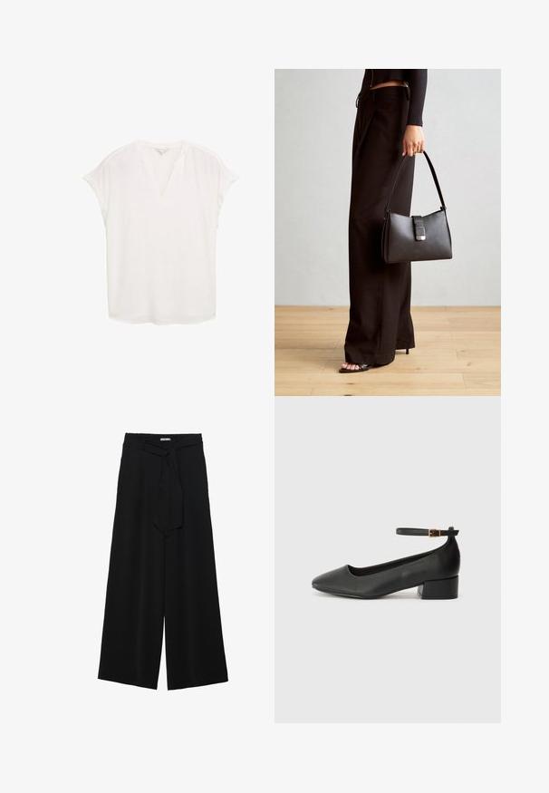 Valge pluus V-kaelusega ja lühikeste, rulluhega varrukatega. Valmistatud kergest kangast, omades laia lõiget ja sirget äärt. Ilma mustrite ja kaunistusteta.; Mustad laiad püksid, millel on tekstureeritud kangas, elastne vöökoht ja eemaldatav pael vööst, et reguleerida sobivust.; Must mustaapp, millel on terav nina ja madal blokk-kand. Omab pahkluu rihma koos kuldse tooni pandlaga. Sile tekstuur.; Must musta kott, millel on struktureeritud kuju, sile tekstuur ja metallist klamber. Kombineeritud laiate mustade pükstega ja avatud varvaste sandaalidega puidust põrandal.
