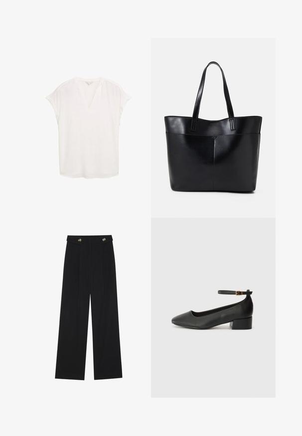 Weiße Bluse mit V-Ausschnitt und kurzen, umgeschlagenen Ärmeln. Aus leichtem Stoff gefertigt, mit lockerer Passform und geradem Saum. Keine Muster oder Verzierungen.; Schwarze weite Hosen mit hoher Taille, Knopfdetails am Bund und vorderen Falten.; Schwarze Lederpumps mit spitzem Zehenbereich und niedrigem Blockabsatz. Mit einem Knöchelriemen und einer goldfarbenen Schnalle. Glatte Textur.; Schwarze Leder-Shopper-Tasche mit zwei langen Griffen, einer glatten Textur und einer strukturierten Form. Verfügt über eine Vordertasche für zusätzlichen Stauraum.