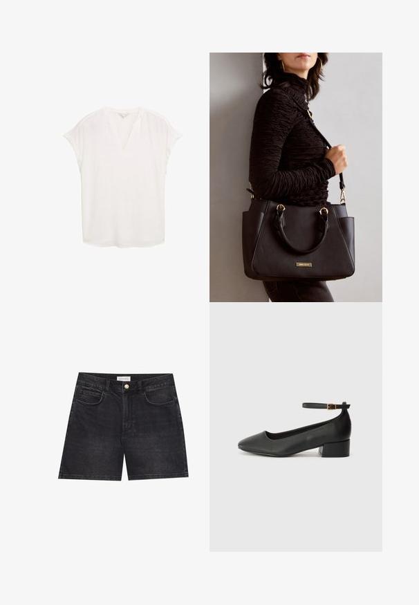Weiße Bluse mit V-Ausschnitt und kurzen, umgeschlagenen Ärmeln. Aus leichtem Stoff gefertigt, mit lockerer Passform und geradem Saum. Keine Muster oder Verzierungen.; Schwarze Denim-Shorts mit klassischem Fünf-Taschen-Design, einem einzelnen Knopfverschluss und geradem Bein. Glatte Textur mit subtilen Nähdetails.; Schwarze Lederpumps mit spitzem Zehenbereich und niedrigem Blockabsatz. Mit einem Knöchelriemen und einer goldfarbenen Schnalle. Glatte Textur.; Schwarze Handtasche mit strukturierten Oberflächen, doppelten Obergriffen und verstellbarem Schultergurt. Mit goldfarbener Hardware und Seitentaschen.