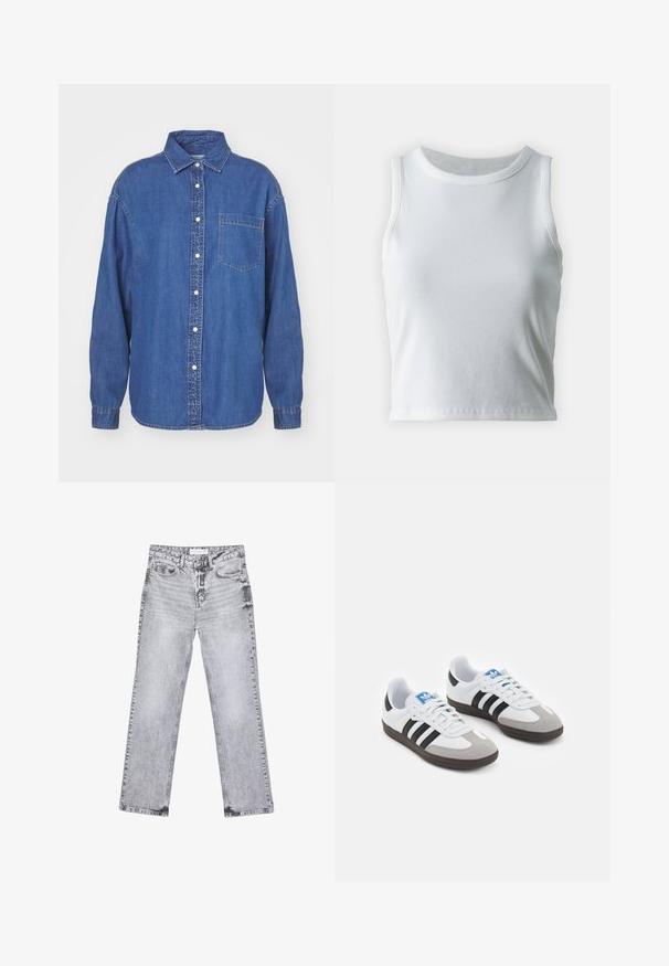 Džínová košile v tmavě modré barvě, s předním zapínáním na knoflíky, límcem a jednou náprsní kapsou. Dlouhé rukávy s knoflíkovými manžetami. Klasický design.; Bílý žebrovaný tílko s kulatým výstřihem a bezramínkovým designem, s rovnými lemy a hladkou, elastickou strukturou.; Šedé džíny z denimu se střihy rovnými nohavicemi, s poškozenou úpravou, pěti kapsami a měděnými nýtky. Pasová část obsahuje logo štítek.; Sportovní boty s bílým koženým svrškem, šedou semišovou špičkou a třemi černými pruhy. Obsahují modré logo na jazyku a texturovanou gumovou podrážku.