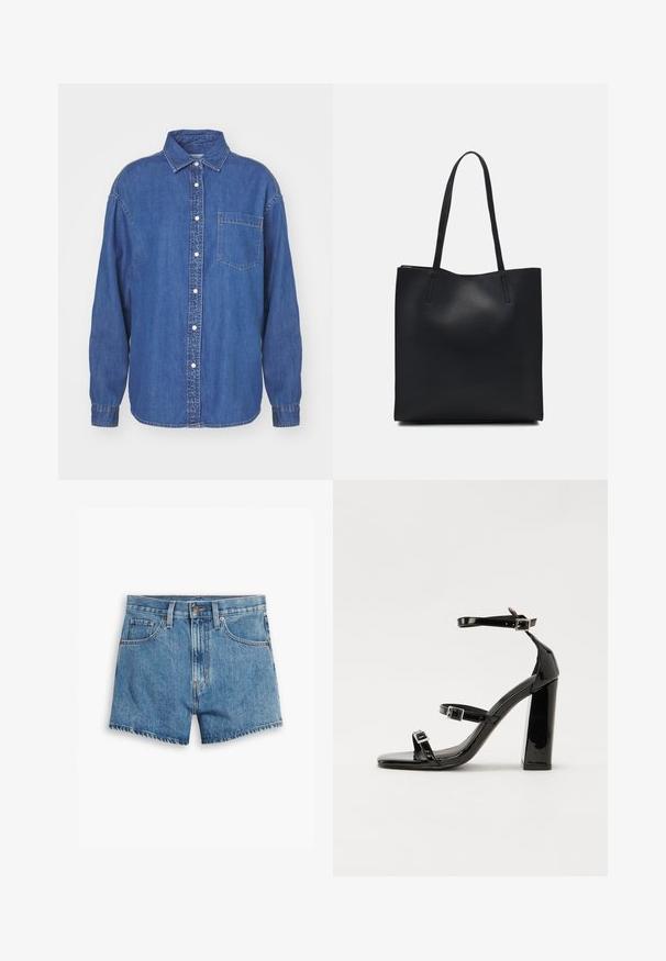 Tamna plava traper košulja sa dugim rukavima, dugmad na prednjoj strani, ovratnik i jedan džep na grudima. Dugmadi na manžetama. Klasičan dizajn.; Traper šorts u svijetloplavoj boji, sa pet džepova, rajsferšlusom i kopčanjem na dugme. Rubovi su pohabani, a dizajn je opušten.; Crne lakirane sandale na visoku petu s dva remena s kopčama, kvadratnim vrhom i masivnom blok petom, s glatkom, sjajnom teksturom.; Crna kožna torba za nošenje s glatkom teksturom, pravokutnim oblikom i dvije duge ručke. Nema vidljivih metalnih dijelova ili ukrasa.