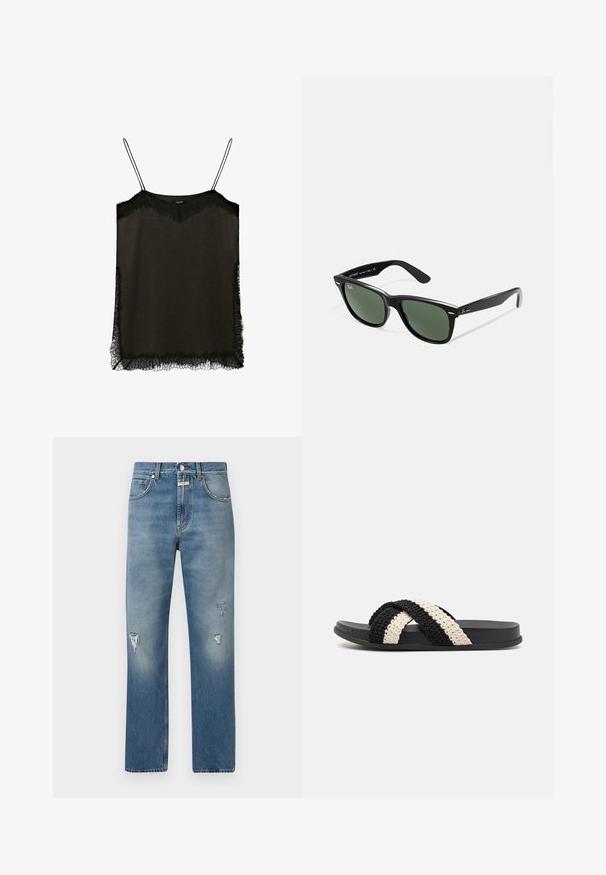 Camisola nera con spalline regolabili, caratterizzata da un bordo in pizzo lungo il décolleté e l'orlo. Realizzata in un tessuto morbido e trasparente.; T-shirt in cotone grigio con maniche corte, scollatura rotonda e vestibilità morbida. La superficie è liscia e le cuciture sono visibili lungo i bordi.; Jeans in denim azzurro chiaro con vestibilità ampia, caratterizzati da toppe strappate e chiusura con zip. Design classico a cinque tasche e gamba dritta.; Infradito intrecciato nero e crema con suola in gomma piatta, caratterizzato da due cinghie intrecciate incrociate realizzate in materiale morbido e testurizzato.; Occhiali da sole in plastica nera con lenti verdi, montatura quadrata, dettaglio argento sulla parte superiore e steli con texture. Marchio indicato sulla parte interna dello stelo.; Borsa a spalla rettangolare con motivo in pelle di serpente nera e beige, tracolla lunga e chiusura con zip nella parte superiore.