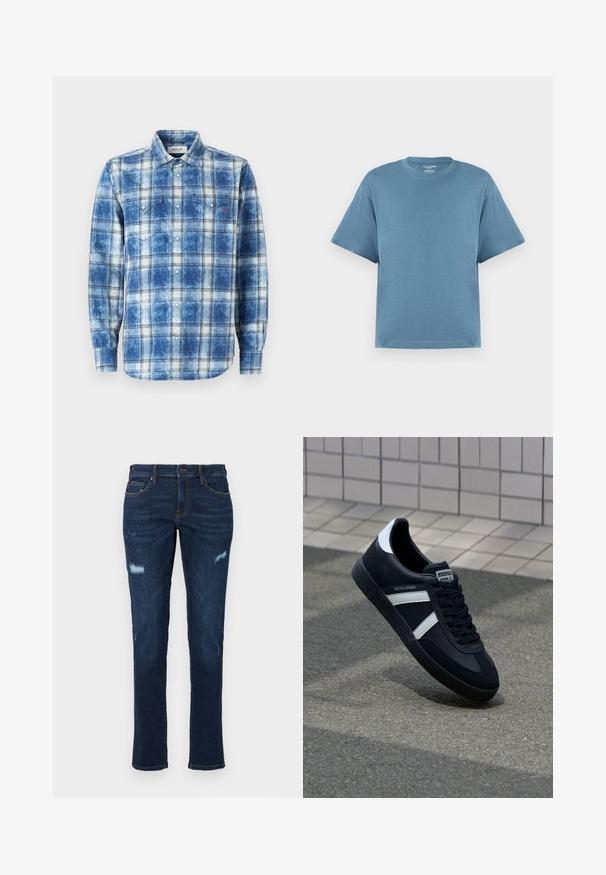 Modra karirana srajca s dolgimi rokavi, z umazanim videzom, dvema prsoma žepoma in majhnim rdečim logotipom.; Modra kratka majica s kratkimi rokavi, izdelana iz bombaža, s krožnim ovratnikom in sproščenim krojem. Gladka tekstura, minimalistična zasnova, brez vzorcev ali dodatkov.; Temno modri jeansi iz denima s ravnim krojem, ki imajo obrabljene luknje na kolenih, tradicionalne žepe in vidno kontrastno šivanje.; Črne usnjene superge z belimi črtami, teksturiran gumijast podplat in zavezovanje spredaj. Imajo označeno oznako na ježku.