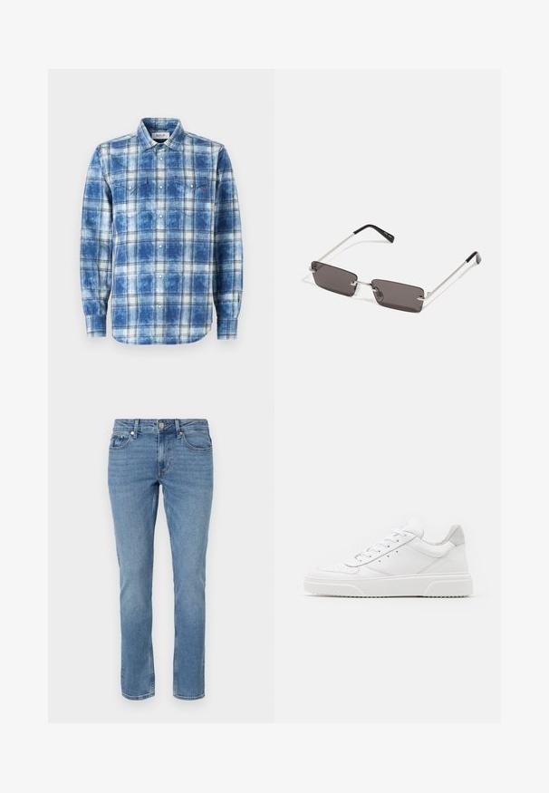 Camicia a quadri blu con bottoni e maniche lunghe, caratterizzata da una texture invecchiata, due tasche sul petto e un piccolo logo rosso.; Jeans in denim blu con gamba dritta, tasche anteriori, passanti per cintura e chiusura con bottone.; Sneaker bianche in pelle con finitura liscia, punta arrotondata, lacci piatti e suola texturizzata. Accento in suede grigio sul tallone.; Occhiali da sole con lenti rettangolari di colore grigio scuro, montatura in metallo argentato e punte nere in plastica sulle asticelle. Design leggero con cuscinetti per il naso.