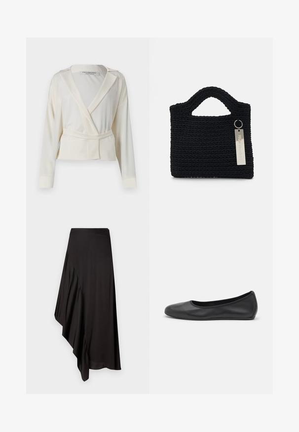 Cropped blazer in ivory satin, featuring a wrap design, notched lapels, long sleeves, and a self-tie belt at the waist.; AERON ASTER SKIRT - Pencil skirt - black; Black leather ballet flat with a rounded toe, smooth texture, minimal stitching detail, and a flexible sole design.; Won Hundred MARSIELLE COMPUTER BAG UNISEX - Laptop bag - black