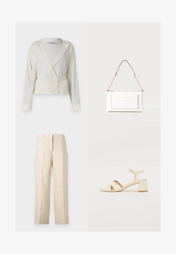 Izgriezts žakets krēmkrāsas satīnā ar savilktas formas dizainu, ar iegrieztām atlokām, garām piedurknēm un pašsavienojamu jostu vidukļa daļā.; Bežīgas lina bikses ar brīvu piegriezumu, krokām priekšā un taisnām kājām. Piedāvā jostu ar cilpiņām un bez redzamām kabatām.; Bežīgi patentēti ādas sandalītes ar krustenisku siksnu dizainu, atvērtu pirkstu, regulējamu potītes siksnu un bloku papēdi. Gluda tekstūra.; Baltā ādas rokassomu ar teksturētu apdari, ar zelta ķēdes siksnu un melniem akcentiem. Iekļauj priekšējo kabatu un aizdari ar rāvējslēdzēju.
