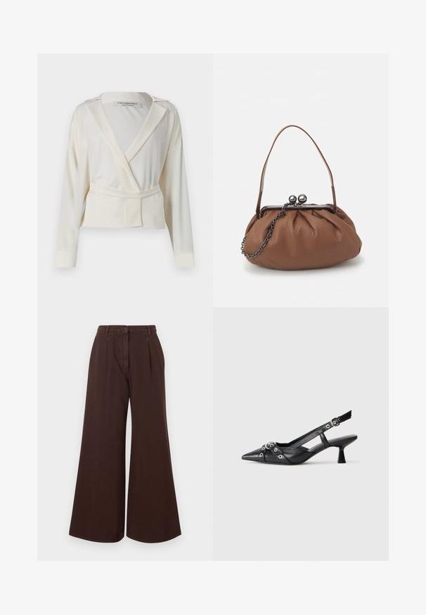 Blazer corto in satin avorio, con design avvolgente, revers a punta, maniche lunghe e cintura con nastro da legare in vita.; Pantaloni brown a vita alta e gamba larga con chiusura a bottoni e cerniera, passanti per cintura e pieghe frontali.; Scarpa slingback nera in pelle con punta affusolata, cinturini decorativi con occhielli metallici e tacco basso a blocco. Superficie testurizzata.; Borsa a tracolla in pelle marrone con un design arricciato, manico corto in pelle e tracolla a catena. Presenta una chiusura in metallo argentato con due accenti rotondi.