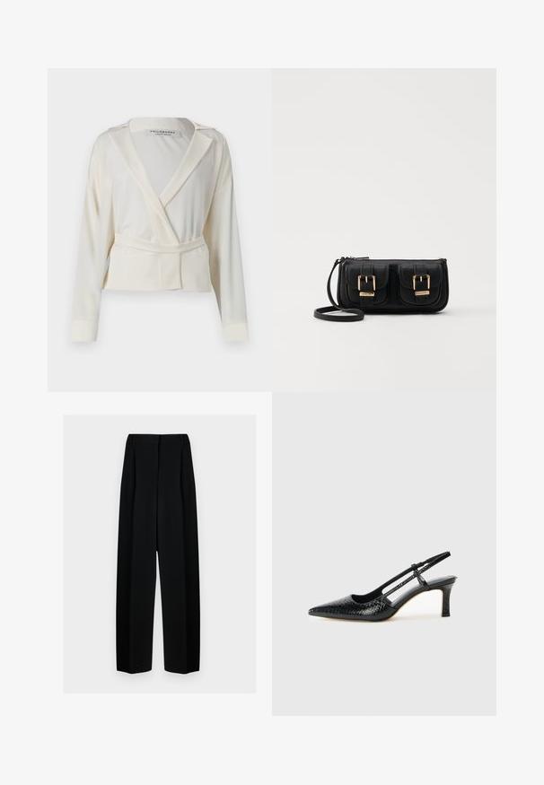 Cropped blazer in ivory satin, featuring a wrap design, notched lapels, long sleeves, and a self-tie belt at the waist.; Black wide-leg trousers with a high waist, featuring pleats and a smooth texture. The fabric appears lightweight and drapes elegantly.; Black patent slingback heel with a pointed toe, featuring textured snake print, adjustable strap, and a short, textured block heel.; Black leather crossbody bag with two front pockets, gold buckles, zipper closure, and a slim strap. Textured surface and compact rectangular shape.