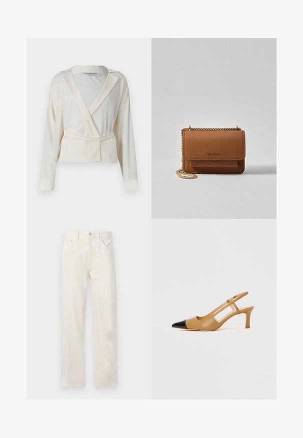 Blazer scurt din satin ivoire, cu un design înfășurat, rever adânc, mâneci lungi și un cordon cu auto-legare în talie.; Blugi din denim drept de culoare albă cu cinci buzunare, urechi pentru curea și închidere cu buton și fermoar la talie.; Pantofi cu toc slingback bej, cu vârf negru ascuțit, având părți decupate și toc gros de înălțime medie. Material din piele netedă.; Geantă crossbody din piele texturată maro, cu curea din lanț aurit și închidere cu clapetă. Partea din față prezintă detalii cu logo și o buzunar sub clapetă.