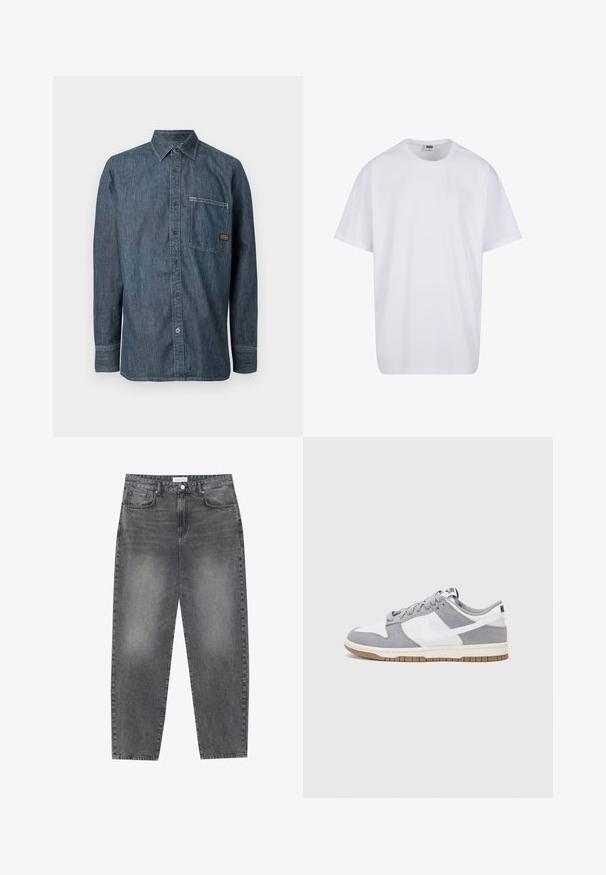 Denim pitkähihaisessa napillinaisessa paidassa on terävä kaulus ja rintatasku, jossa on pieni ruskea brändilogo.; Valkoinen puuvillainen t-paita, jossa on lyhyet hihat, pyöreä kaula-aukko, rento istuvuus ja ei näkyviä logoja tai kuvioita. Sileä pinta ja minimaalinen muotoilu.; Korkeavyötäröiset, väljät farkut haalistuneesta mustasta denimestä. Ominaisuuksiin kuuluu viisi taskua, vyölenkit ja siisti, suora lahjetyyli.; Harmaa ja valkoinen lenkkari, jossa on mokka- ja nahkapinta, pyöreä kärki, litteät nauhat ja kumipohja, jossa on vaahtomuoviväri.