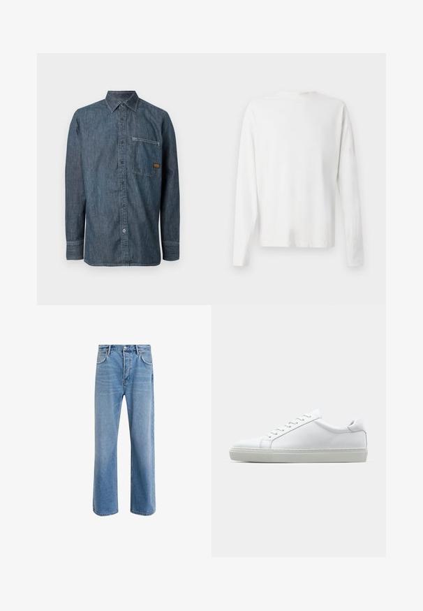 Denim-Hemd mit langen Ärmeln, Knopfleiste und spitzem Kragen sowie einer Brusttasche, die mit einem kleinen braunen Markenetikett versehen ist.; Langärmliges weißes Baumwollhemd mit rundem Ausschnitt, seitlichen Schlitzen am unteren Rand und glatter Textur, von hinten präsentiert.; Helle blaue Jeans im Geradeschnitt-Design, mit fünf Taschen, Knopfverschluss, minimaler Ausbleichung und kontrastierenden Nähdetails.; Weißer Sneaker mit glattem Lederobermaterial und niedrigem Profil. Verfügt über eine runde Zehenpartie, sechs Ösen und eine strukturierte Gummisohle.