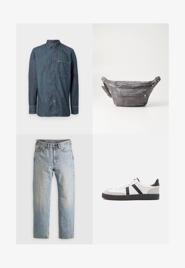 Denim long-sleeve button-up shirt with pointed collar and chest pocket featuring a small brown brand label.; Light blue denim jeans with high waist, front button, zipper, and five-pocket design, laid flat on a neutral background.; White sneaker with black and gray accents, featuring a textured gray toe cap, black rubber sole, and flat white laces. Clean design, minimalist style.; Gray suede fanny pack with a rounded shape, two zippered compartments, and adjustable strap. Features metal hardware accents.