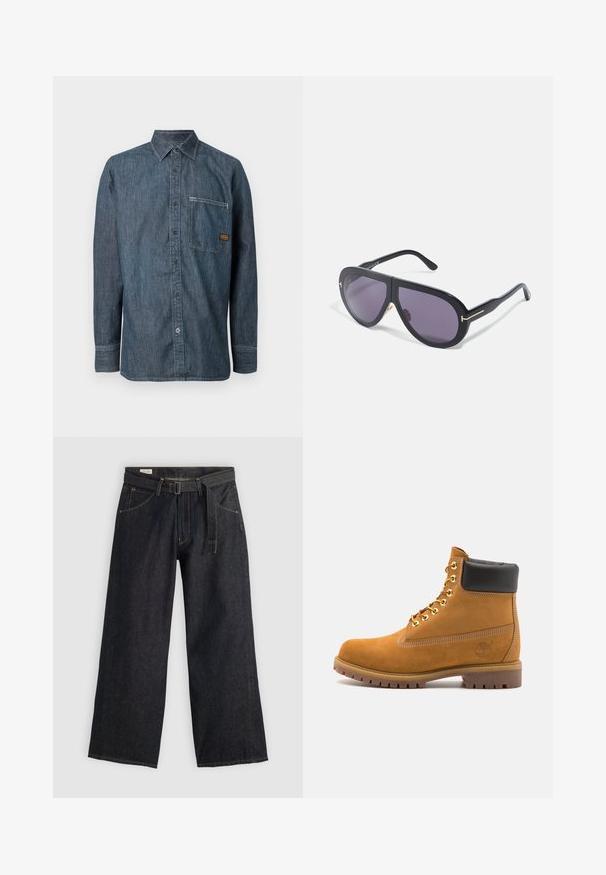 Camisa de mezclilla de manga larga con botones, cuello puntiagudo y bolsillo en el pecho que presenta una pequeña etiqueta de marca marrón.; Pantalones de mezclilla oscuros de pierna ancha con cintura ajustada, que cuentan con bolsillos frontales y costuras en contraste. Textura suave con un diseño limpio.; Botín de ante marrón claro con collar acolchado negro, ojales de metal dorado, detalles de costura blanca y suela de goma resistente con tacos pronunciados.; Gafas de sol negras con montura sobredimensionada y angular, lentes morados oscuros y acentos en tono dorado en las patas. Acabado mate con textura suave.