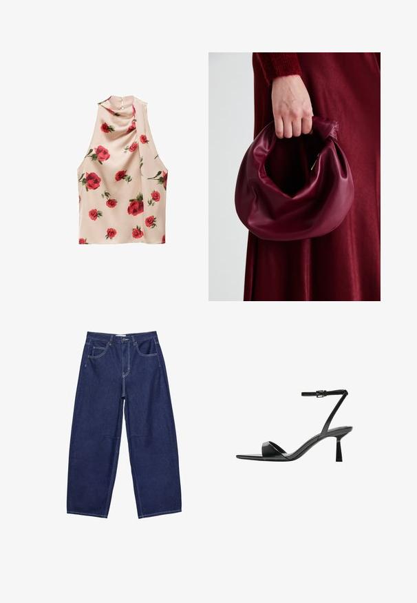 Top senza maniche in tessuto beige chiaro con una texture morbida e fluida. Presenta una stampa floreale con rose rosse e una chiusura a bottone sul retro.; Pantaloni a gamba larga in denim blu scuro con vita alta, cinque tasche e cuciture bianche a contrasto. Texture liscia, design classico.; Bershka Sandali con tacco - black; Borsa in pelle bordeaux con un design morbido e arricciato e una forma arrotondata. Il manico è fissato, mostrando una texture liscia.