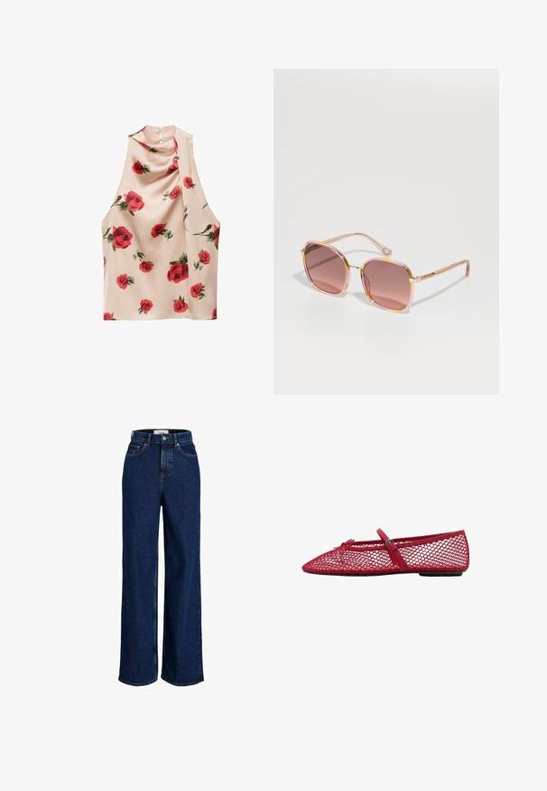 Brezrokavna bluzica iz svetle bež tkanine z mehkimi in lahkotnimi teksturami. Ponaša se s potiskom rdečih vrtnic in gumbom na hrbtni strani.; Visoko pasovi, temno modre kavbojke z širokimi nogami, sprednjim gumbom in obliko s petimi žepi.; Rde mrežaste balerinke s koničastim prstom, ki imajo tanek trak in podrobnost z zaponko. Zgornji del ima odprt, satasti vzorec.; CHLOÉ Sončna očala - havana/pink/red