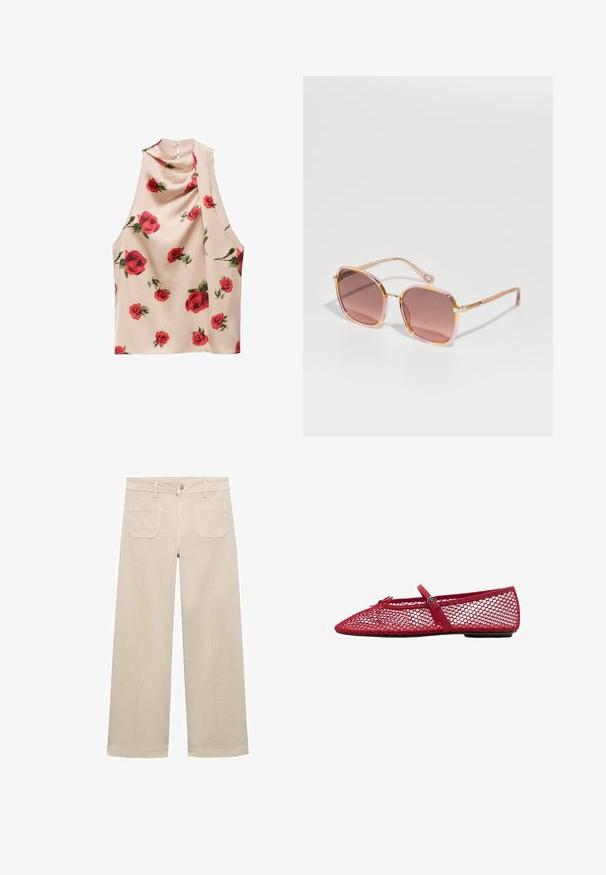Top senza maniche in tessuto beige chiaro con una texture morbida e fluida. Presenta una stampa floreale con rose rosse e una chiusura a bottone sul retro.; Pantaloni beige a gamba larga in cotone. Presentano una chiusura con zip, un bottone frontale e due tasche applicate sul retro. Orlo pulito senza decorazioni.; Ballerine in rete rossa con punta affusolata, dotate di una sottile cinghia e dettaglio a fibbia. La parte superiore presenta un motivo aperto a nido d'ape.; CHLOÉ Occhiali da sole - havana/pink/red