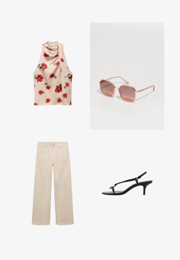 Sleeveless blouse in light beige fabric with a soft, flowy texture. Features red rose floral print and a button closure at the back.; Beige wide-leg pants made of cotton. Features a zipper fly, a front button, and two patch pockets on the back. Clean hem with no embellishments.; Black leather kitten heel sandal with thin straps, gold buckle, and minimalist toe loop on a white background.; CHLOÉ Sunglasses - havana/pink/red
