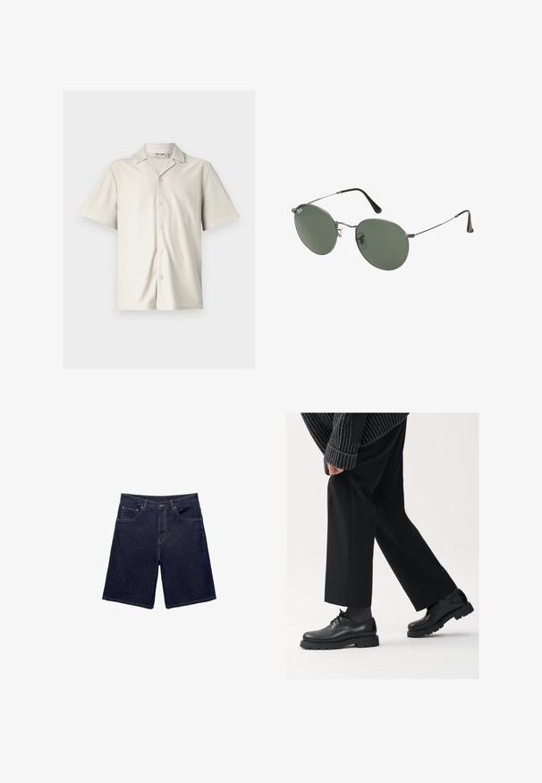 Svetla bež srajca s kratkimi rokavi, gumbom na zanko in s koničastim ovratnikom, ribasto teksturo ter petimi okroglimi gumbi spredaj.; Bela bombažna majica s kratkimi rokavi, okroglo izrezana in udobnega kroja. Gladka tekstura brez vidnih vzorcev ali dekoracij.; Denim kratke hlače v temno modri barvi, z klasičnim krojem, petimi žepi in kontrastnim šivom. Gladka tekstura s trdnim pasom.; Črne usnjene čEvlje s zaobljenim nosom, zavezovanjem in debelim, teksturiranim podplatom. Obute z urejenimi črnimi hlačami in rebrastim puloverjem.; Sončna očala z ovalnimi zelenimi lečami v kovinskem okvirju. Tanjši srebrni kovinski okvir in črne ušesne konice. Minimalistična zasnova, brez vidnih logotipov.