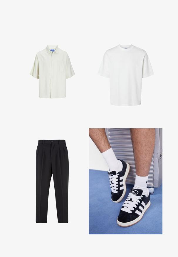 Camicia a maniche corte con bottoni in tessuto color crema chiaro, caratterizzata da una tasca sul petto, vestibilità rilassata e un design colletto classico.; T-shirt bianco in cotone con maniche corte, scollo rotondo e vestibilità rilassata. Texture liscia senza pattern o dettagli visibili.; Pantaloni neri con design a pieghe sul davanti, realizzati in tessuto morbido. Presentano una chiusura con bottone e passanti per cintura; vestibilità a gamba dritta.; Sneakers in suede nero con lacci bianchi e tre strisce bianche. Presentano un logo circolare nero sulla linguetta e una suola in gomma color gomma.