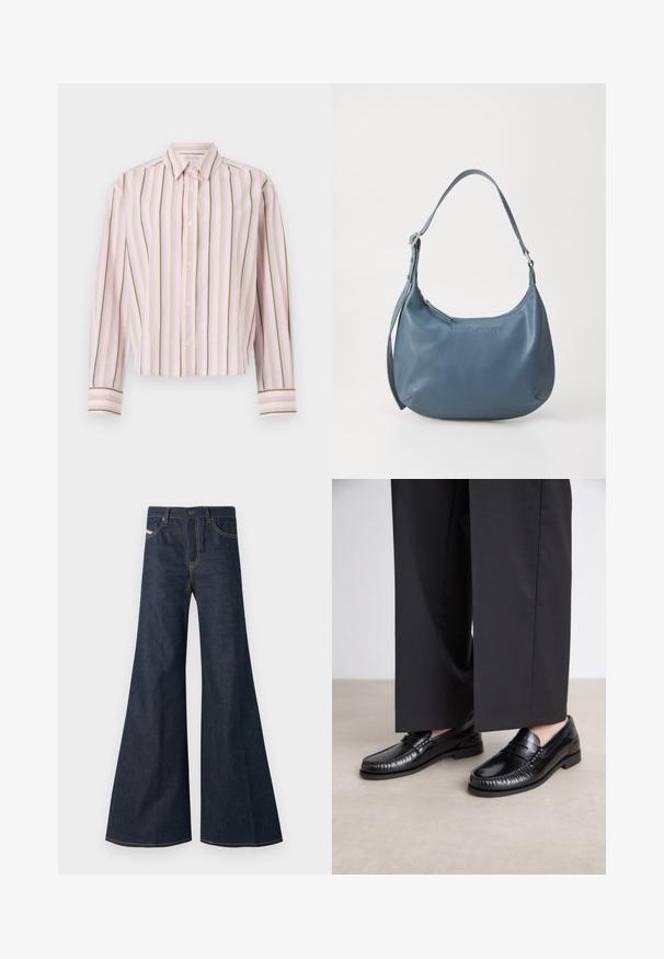 Light pink striped shirt featuring vertical lines in green and yellow, button closure, and long sleeves with contrasting cuffs.; Dark blue flared jeans made of denim, featuring a high waist, gold stitching accents, and two front pockets with a button closure.; Black leather loafers with a smooth finish, stitched detailing around the toe, and a low rubber sole. Paired with wide black trousers.; Blue leather handbag with a rounded shape, single shoulder strap, zip closure, and embossed brand name on the front. Smooth texture.
